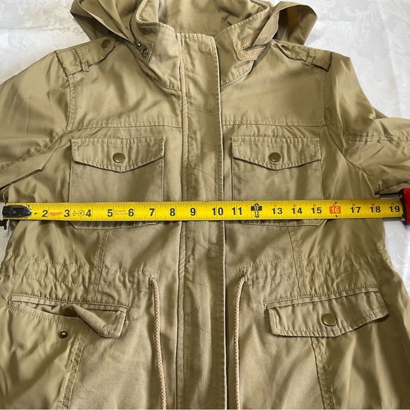 American Rag Women Size Large Hooded Zip Roll Tab Sleeved Tan Field Jacket Coat - Picture 7 of 8